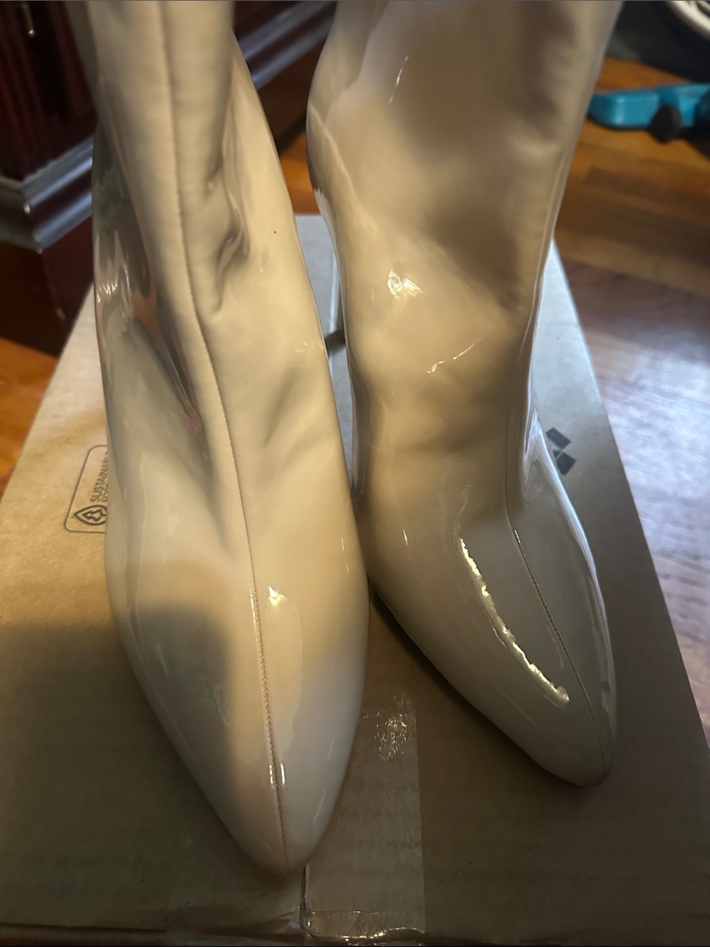 Fashion to Figure Cream Patent Pointed-Toe Heeled Boots